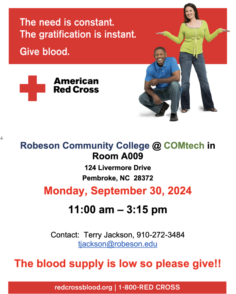 blood drive at comtech location September 30 11am - 3:15pm